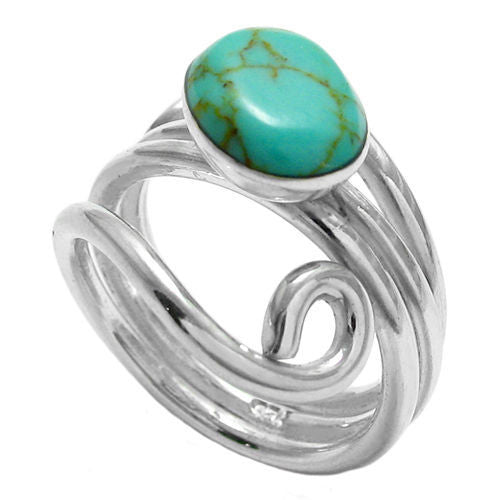 Art Deco swirly wrap ring with oval turquoise. Wholesale sterling silver rings. Alternate photo.