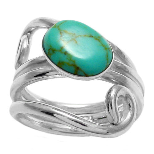 Art Deco swirly wrap ring with oval turquoise. Wholesale sterling silver rings. Top photo.