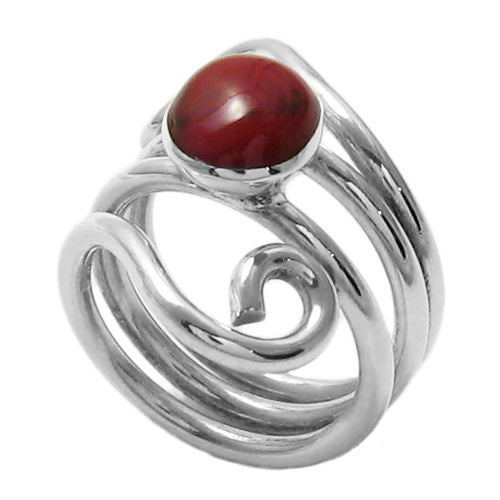 Art Deco swirly wrap ring with oval jasper. Wholesale sterling silver rings. Alternate photo.