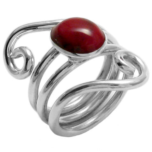Art Deco swirly wrap ring with oval jasper. Wholesale sterling silver rings. Main photo.