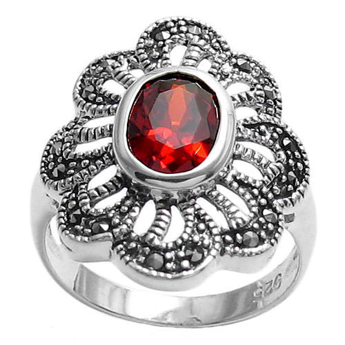Marcasite flower ring with blood red CZ. Wholesale sterling silver rings. Alternate photo.