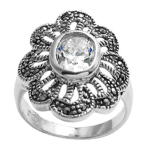 Marcasite flower ring with clear CZ. Wholesale sterling silver rings. Top view photo.