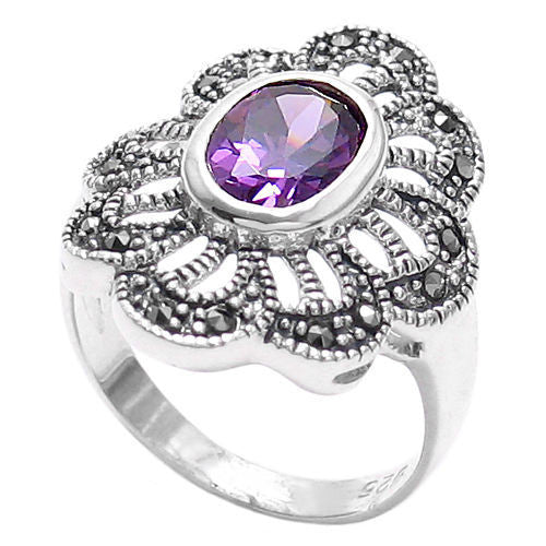 Marcasite flower ring with light purple CZ. Wholesale sterling silver rings. Main photo.