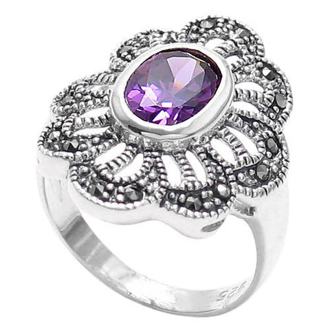 Marcasite flower ring with light purple CZ. Wholesale sterling silver rings. Main photo.