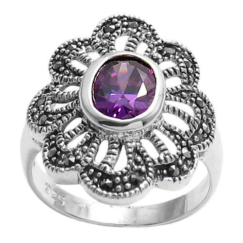 Marcasite flower ring with light purple CZ. Wholesale sterling silver rings. Top view photo.