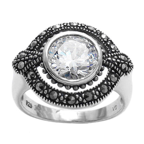 Elegant oval marcasite ring with 1.75 carat CZ. Wholesale Sterling Silver Rings. Alternate photo.