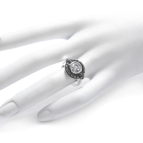 Elegant oval marcasite ring with 1.75 carat CZ. Wholesale Sterling Silver Rings. Hand photo.