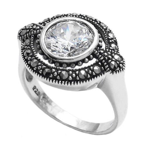 Elegant oval marcasite ring with 1.75 carat CZ. Wholesale Sterling Silver Rings. Main photo.