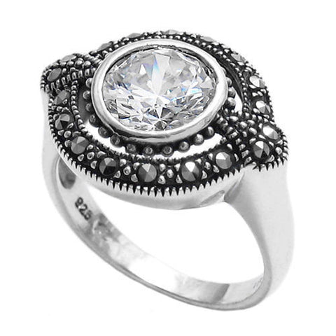 Elegant oval marcasite ring with 1.75 carat CZ. Wholesale Sterling Silver Rings. Main photo.