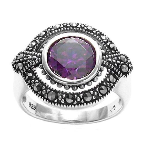 Classic oval marcasite ring with 1.75 carat purple CZ. Wholesale Sterling Silver Rings. Alternate photo.