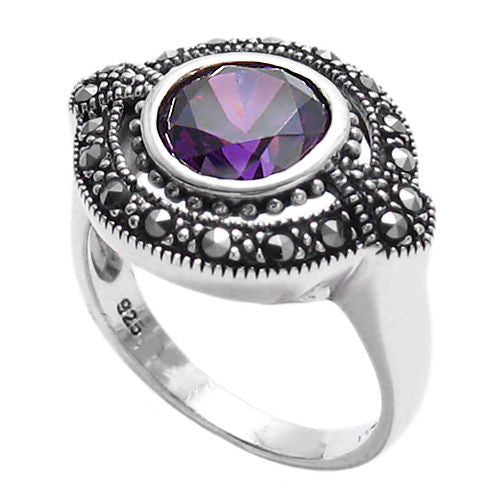 Classic oval marcasite ring with 1.75 carat purple CZ. Wholesale Sterling Silver Rings. Main photo.