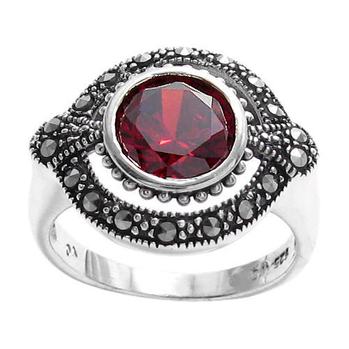 Elegant Marcasite Oval Ring with Red CZ Center Stone. Wholesale Sterling Silver Rings. Alternate photo.