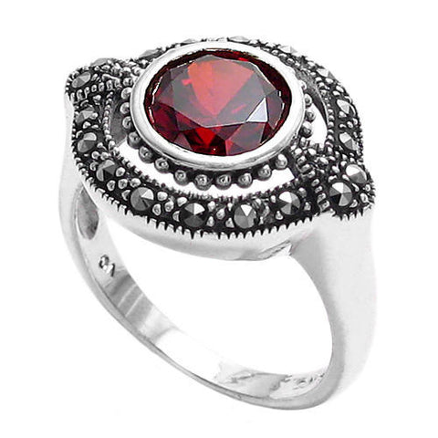 Elegant Marcasite Oval Ring with Red CZ Center Stone. Wholesale Sterling Silver Rings. Main photo.