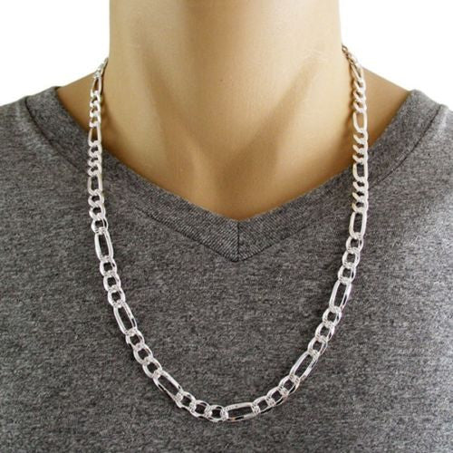 Sterling silver figaro chain with pave finish in 7mm width | Discount 925 Sterling Silver Jewelry | Alternate