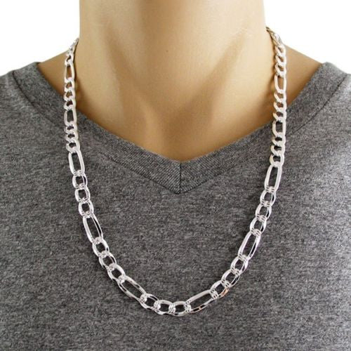 Sterling silver figaro chain with pave finish in 8mm width | Discount 925 Sterling Silver Jewelry | Alternate