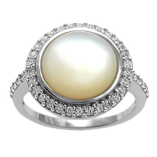 Classic Mother of Pearl Cabochon Ring with 0.68 Carat CZ Halo in Sterling Silver.
