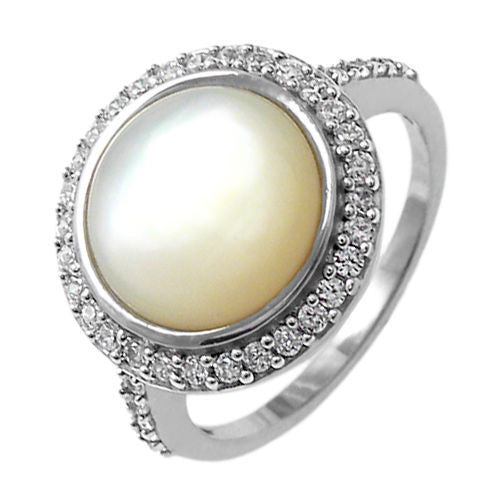 Classic Mother of Pearl Cabochon Ring with 0.68 Carat CZ Halo in Sterling Silver.