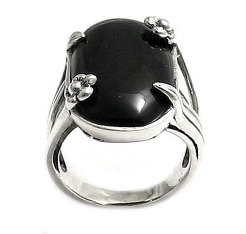 Black Onyx Ring with Flowers and Leaves Setting. Wholesale Sterling Silver Rings.