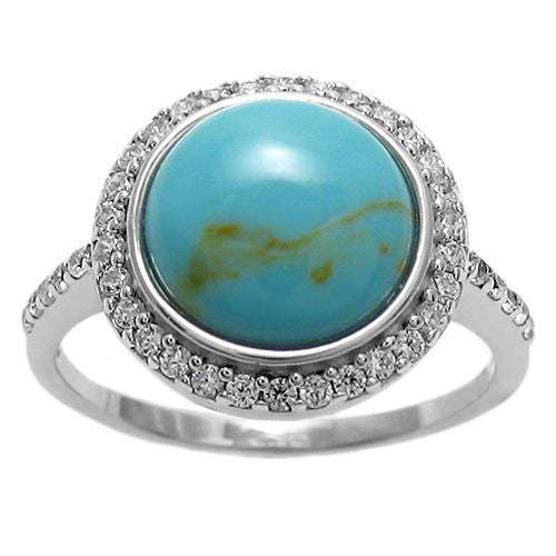 Classic Turquoise Cabochon Ring with 0.68 Carat CZ Halo. Wholesale Sterling Silver Rings. Alternate Photo.