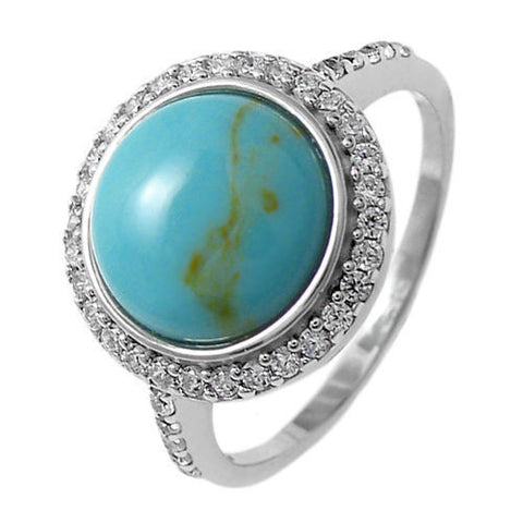 Classic Turquoise Cabochon Ring with 0.68 Carat CZ Halo. Wholesale Sterling Silver Rings. Diagonal Photo.