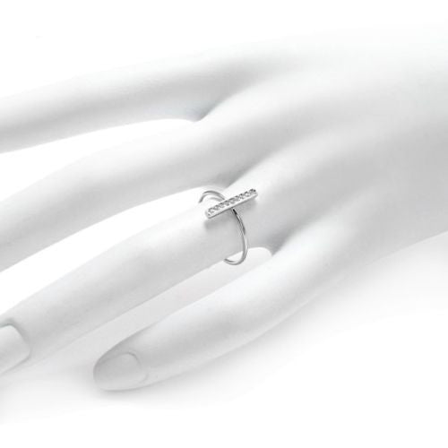Minimalist style perpendicular bar ring with 9 small CZs. Wholesale Sterling Silver Rings. Hand photo.
