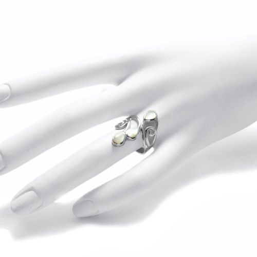 Swirly Wrap Ring with Three Teardrop Mother of Pearl Stones. Wholesale Sterling Silver Rings. Hand photo.