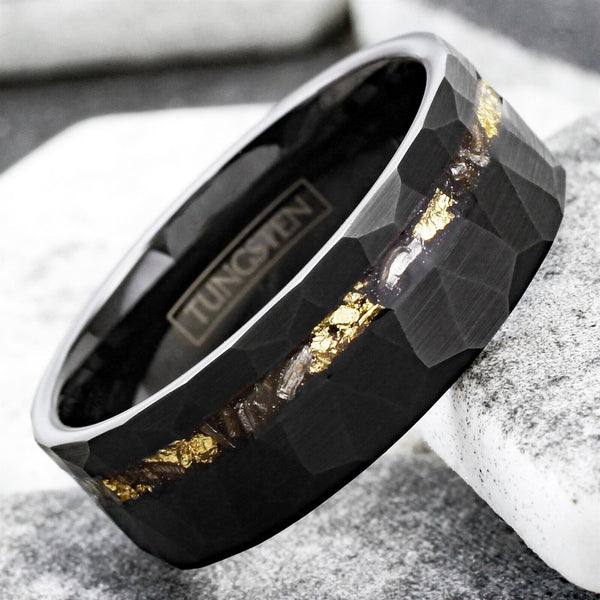 Awesome Multi-Faceted Brushed Black Tungsten Flat Band Ring with Off-Center Asymmetrical Gold Leaf and Black Faux Meteorite Inlay. Couple Ring
