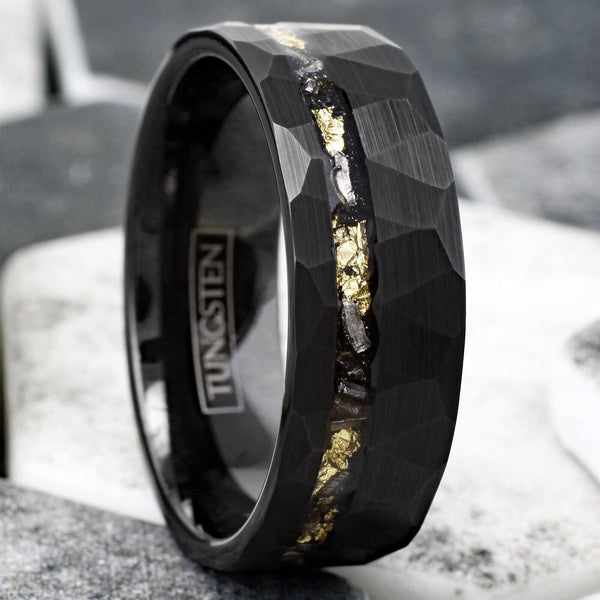 Awesome Multi-Faceted Brushed Black Tungsten Flat Band Ring with Off-Center Asymmetrical Gold Leaf and Black Faux Meteorite Inlay. Couple Ring