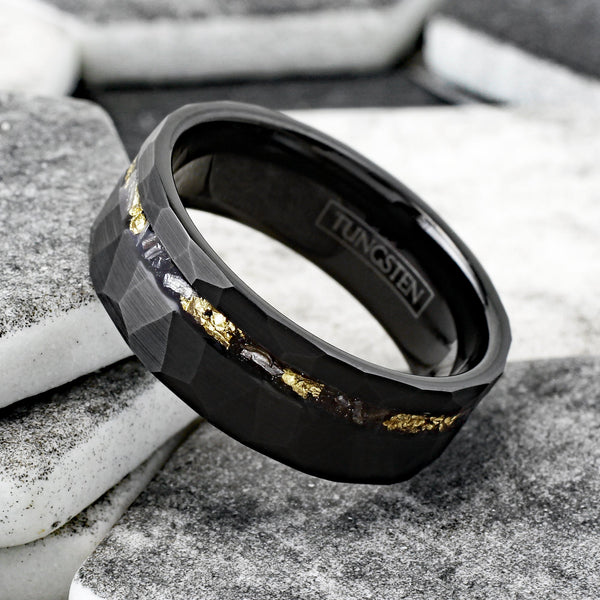 Awesome Multi-Faceted Brushed Black Tungsten Flat Band Ring with Off-Center Asymmetrical Gold Leaf and Black Faux Meteorite Inlay. Couple Ring