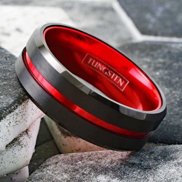 Awesome Black Tungsten Ring with Anodized Aluminum Fire Engine Red Inner Band and Recessed Stripe, with Beveled Edges.