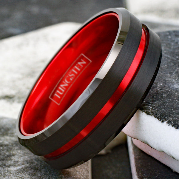 Awesome Black Tungsten Ring with Anodized Aluminum Fire Engine Red Inner Band and Recessed Stripe, with Beveled Edges.
