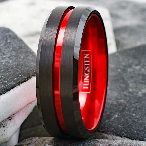 Awesome Black Tungsten Ring with Anodized Aluminum Fire Engine Red Inner Band and Recessed Stripe, with Beveled Edges.