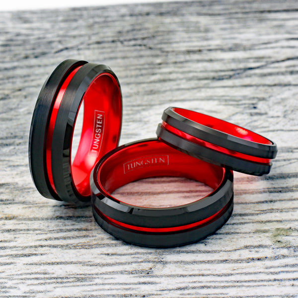 Awesome Black Tungsten Ring with Anodized Aluminum Fire Engine Red Inner Band and Recessed Stripe, with Beveled Edges.