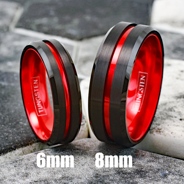 Awesome Black Tungsten Ring with Anodized Aluminum Fire Engine Red Inner Band and Recessed Stripe, with Beveled Edges.