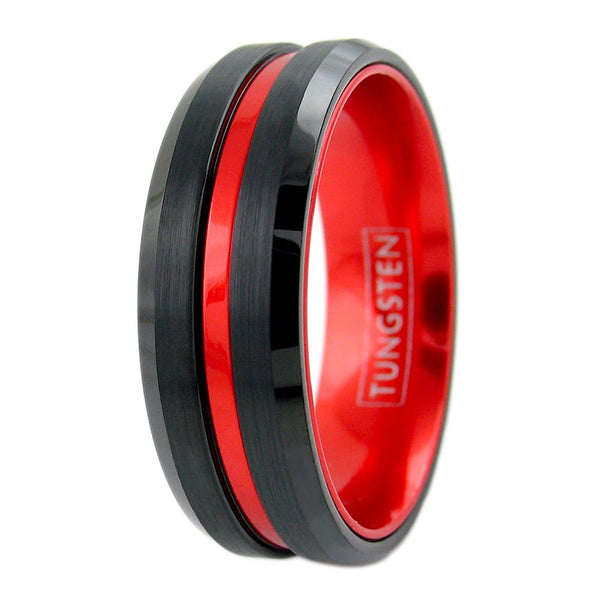 Black tungsten ring | Red anodized aluminum inner band & stripe | Beveled edges | Wholesale tungsten rings - wedding bands | Upright photo