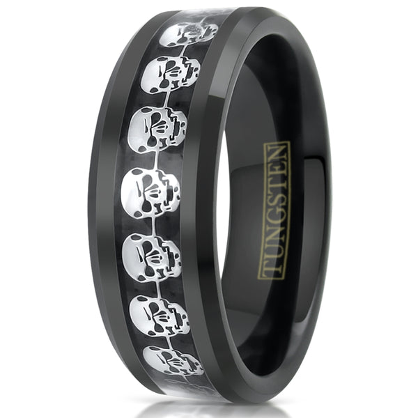 Awesome Black Tungsten Ring with a Cool Silver Skull Inlay Around the Band