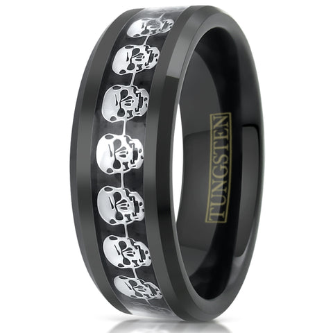 Awesome Black Tungsten Ring with a Cool Silver Skull Inlay Around the Band