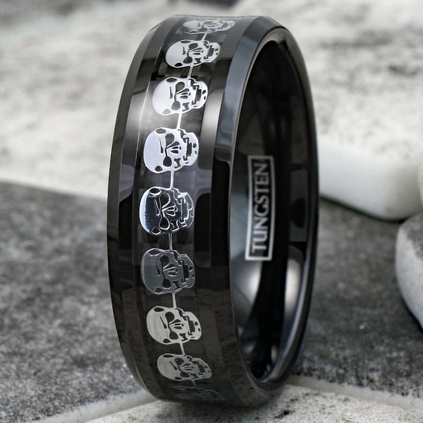 Awesome Black Tungsten Ring with a Cool Silver Skull Inlay Around the Band
