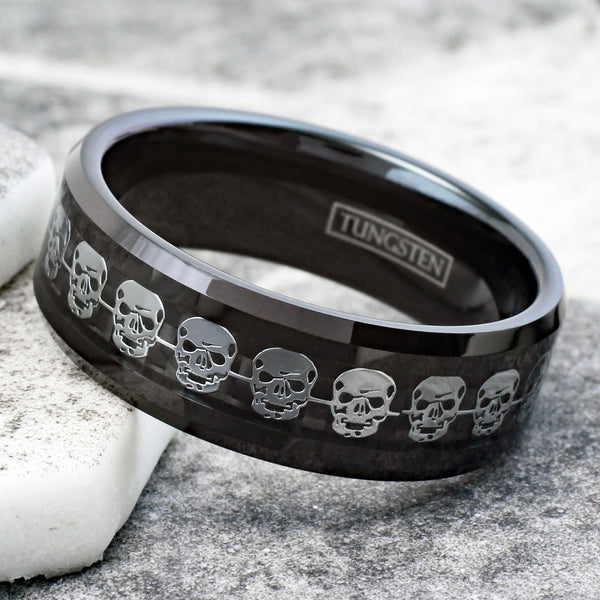 Awesome Black Tungsten Ring with a Cool Silver Skull Inlay Around the Band