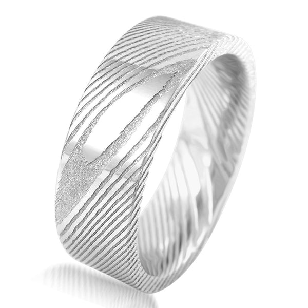 Awesome 8mm Flat Band Wood Grain Damascus Steel Wedding Band.