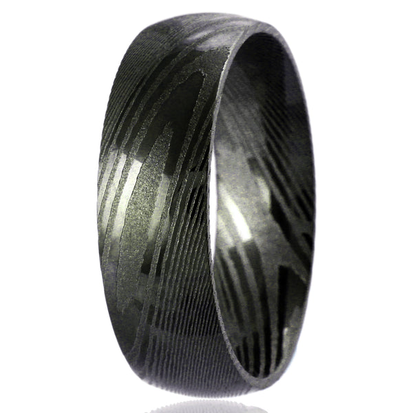 Amazing Dual Texture Black 8mm Dome Style Wood Grain Damascus Steel Band Ring.