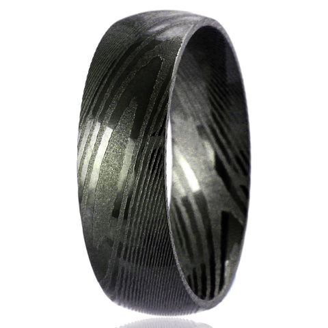 Amazing Dual Texture Black 8mm Dome Style Wood Grain Damascus Steel Band Ring.