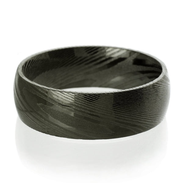 Amazing Dual Texture Black 8mm Dome Style Wood Grain Damascus Steel Band Ring.