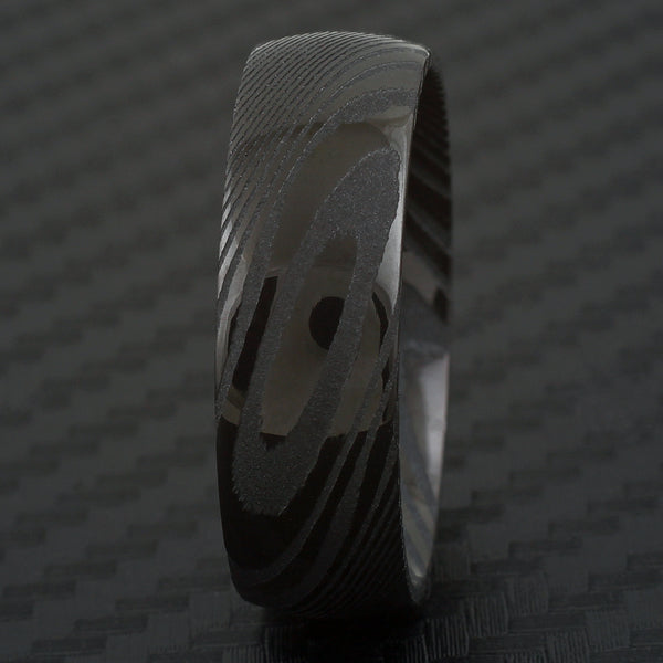 Amazing Dual Texture Black 8mm Dome Style Wood Grain Damascus Steel Band Ring.