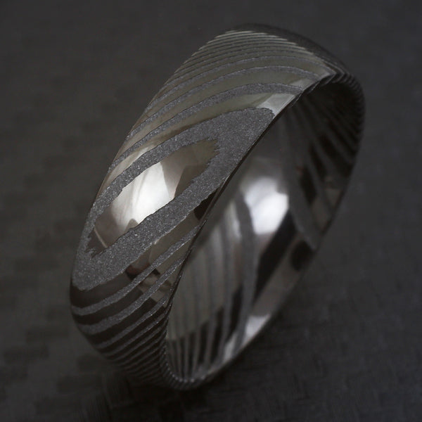 Amazing Dual Texture Black 8mm Dome Style Wood Grain Damascus Steel Band Ring.