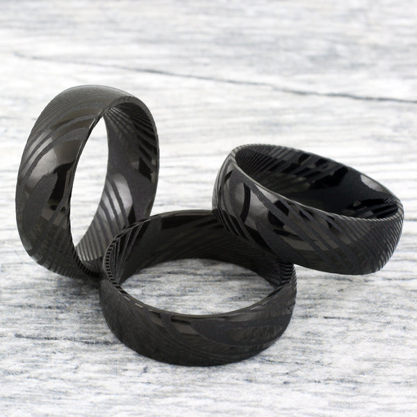 Amazing Dual Texture Black 8mm Dome Style Wood Grain Damascus Steel Band Ring.