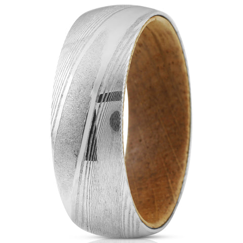 Dazzling 8mm Dome Style Wood Grain High Polish Damascus Steel Band Ring w/ Whiskey Barrel Oak Wood Inner Band.