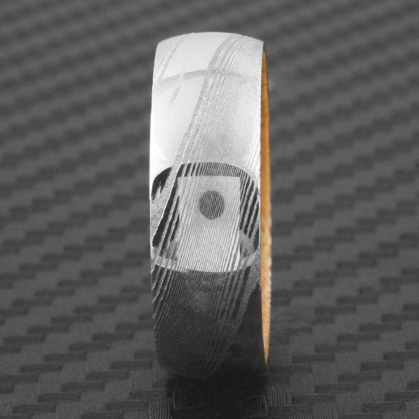 Dazzling 8mm Dome Style Wood Grain High Polish Damascus Steel Band Ring w/ Whiskey Barrel Oak Wood Inner Band.