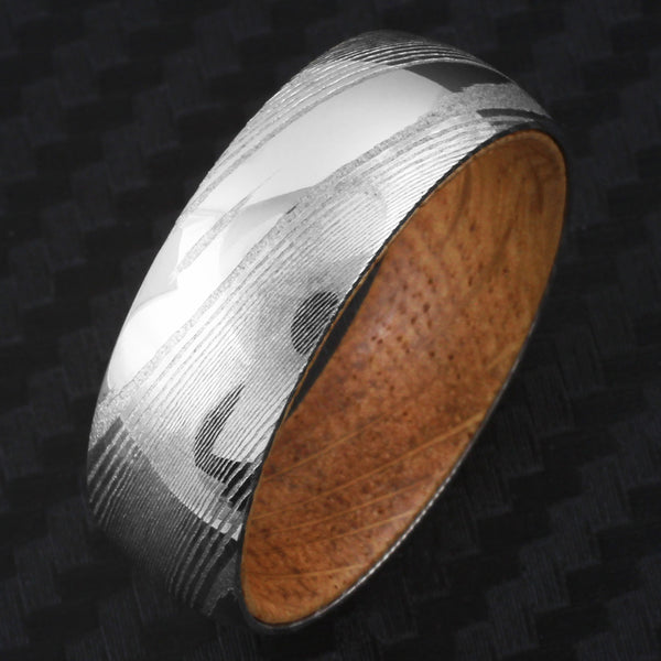 Dazzling 8mm Dome Style Wood Grain High Polish Damascus Steel Band Ring w/ Whiskey Barrel Oak Wood Inner Band.