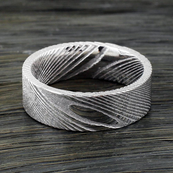 Awesome 8mm Flat Band Wood Grain Damascus Steel Wedding Band.